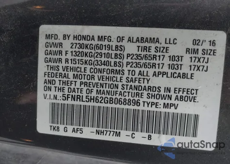 2016 Honda Odyssey Ex-L z USA, uszkodzony, nr VIN 5FNRL5H62GB068896